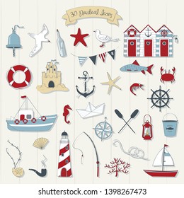 Nautical symbols collection in doodle style. Lighthouse, seagull,sailboat, lifebuoy, fishes, anchor, steering wheel and beach cabins. Objects isolated on wooden background. Vector illustration