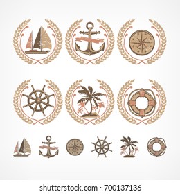 Nautical symbols collection, marine sign for travel and sport. Vector illustration.