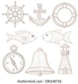 Nautical symbols. Collection of marine signs. Hand drawn sketch. Vector illustration isolated on white background