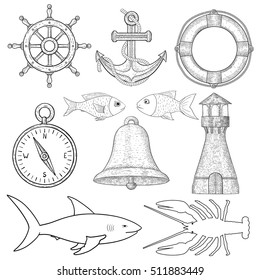 Nautical symbols. Hand drawn sketch. Vector illustration isolated on white background