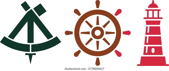 Nautical symbols including sextant ship wheel and lighthouse in flat design style navigation travel. 3 flat design nautical symbols are displayed side by side.