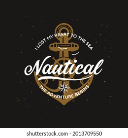 Nautical t shirt print with anchor and inscriptions. Vintage tee print design. Vector illustration.