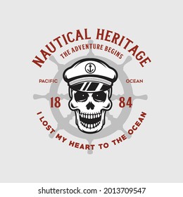 Nautical t shirt print with steering wheel skull and inscriptions. Vintage tee print design. Vector illustration.