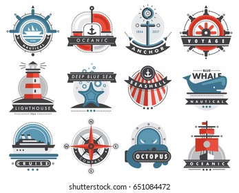 Nautical templates set marine labels sea badges anchor design emblems graphics vector illustration.
