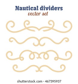 Nautical text dividers. Decorative vector knots. Divider with rope illustration. Ornamental decor elements with rope. Isolated design.