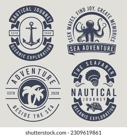 Nautical thematic big set of vector emblems, labels, badges, or logos in retro monochrome style. The concept for Nautical labels, vintage logos, adventure badges, t-shirt prints, or stamps.