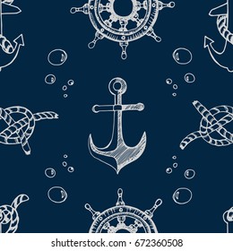 Nautical theme blue seamless pattern. Hand drawn maritime elements seamless background.