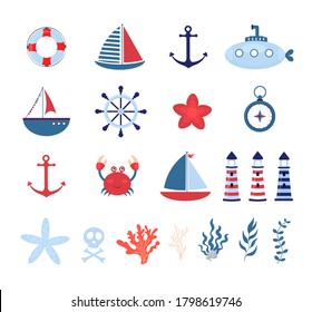 Nautical theme. Cartoon sea life. Colorful set of sea transport. Elements of marine design: anchor, wheel, ship, lighthouse, crab, fish, starfish, lifebuoy. Marine and oceanic fauna.