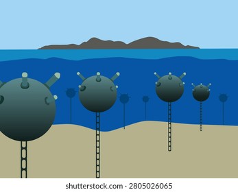 Nautical theme: naval minefield; vector illustration (EPS 10 format). Depicts the mining of sea lanes during naval warfare. Strait of Hormuz.