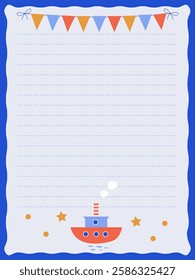 Nautical theme notebook page template with cute ship for boys