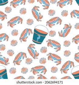 Nautical theme seamless pattern with buckets, shells and crabs on white background