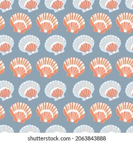 Nautical theme seamless pattern with flat shells on slate blue background.