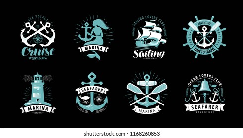 Nautical theme, set of logos or labels. Cruise, marine concept, vector