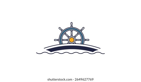 Nautical theme steering wheel emblem with gentle ocean waves representing maritime adventure and exploration