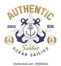 Nautical theme t-shirt design with illustrated anchor