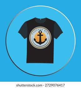 Maqueta de la camiseta del tema náutico con el emblema del ancla de Antiguas y el gráfico de la puesta del sol.