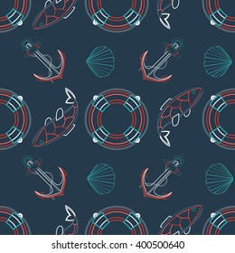 Nautical Theme Vector Seamless Pattern Lifebuoy Shell Fish Anchor 