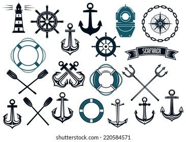 Nautical themed design elements with lighthouse, rope, anchor, paddle, life buoy, trident, steering wheel and diving helmet