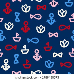 Nautical themed doodle seamless repeat pattern. Different maritime vector elements like fish, sailing boat, anchor and flowers all over surface print on blue background.