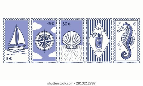 Nautical themed illustrated postage stamps with sailboat compass seashell iced tea and seahorse in playful summer design
