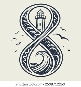 Uma ilustração com tema náutico de um símbolo infinito com um farol e ondas, representando o ciclo eterno do mar. Perfeito para tatuagens, branding, ou qualquer design com tema náutico.