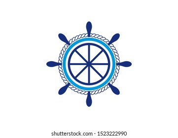 A nautical themed image of a ship's wheel surrounded by rope with blue accents