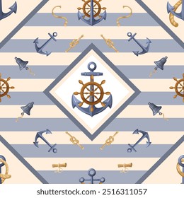 Nautical themed pattern with anchors and ship wheels. Vector illustration