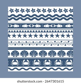 Nautical themed seamless pattern with crabs, fish, shells, and stars in a flat monochrome graphic style on a plain background. Concept of summer and ocean life. Vector illustration