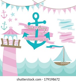 Nautical themed vector clip art of sailboats, lighthouses, anchors and more