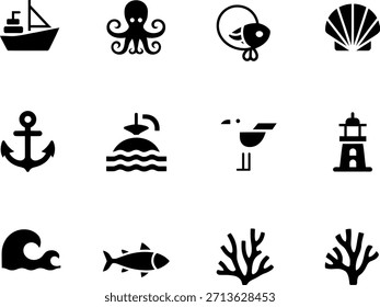 Nautical themed vector icon set featuring various ocean elements