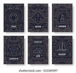 Nautical thin line brochure cards set. Sea template of flyear, magazines, posters, book cover, banners. Travel outline invitation concept background. Layout quality modern pages