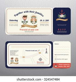 Nautical ticket hipster bride and groom wedding invitation and RSVP card on wave background