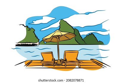 nautical tourism flat illustration design on the beach near the pier. Enjoy a vacation to unwind from activities. vector