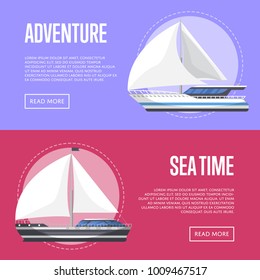Nautical tourism flyers with sailboats. Marine explore tour advertising, trip on speedy cruise ship, world regatta, nautical sport competition. Sea voyage on luxury sail yacht vector illustration.