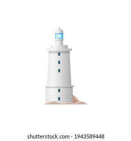 Nautical tower with signal on top isolated building. Vector sea lighthouse construction, navigation beacon tower building with guide beam. Searchlight symbol marine navigational equipment, navy safety