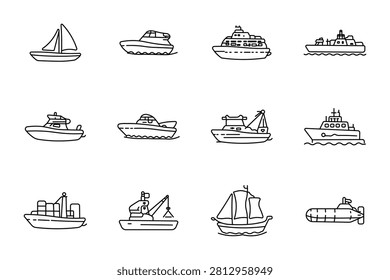 Nautical transportation set icon. Sailing yacht, luxury speedboat, cargo trawler, compact tugboat, industrial crane vessel, deepwater submarine, recreational watercraft collection