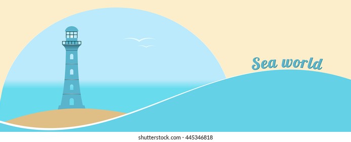 Nautical and travel  banner. Lighthouse and seagull on a background of abstract waves and the sea. Vector illustration.