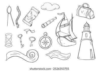 Nautical travel set with items vintage style vector graphic illustration. Sailing ship and lighthouse with hourglass, carpetbag, compass silhouette hand drawn ink. Marine clipart black white.