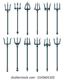 Nautical Trident Fork Vector Icons. Poseidon, Neptune, Triton And Devil Spear Weapons. Pitchfork Of Hell Demon, Harpoon Of Mythology Sea God And Trident Isolated Cartoon Symbols