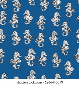 Nautical unicorn vector print. Picture on white, black and blue colors. Endless. Abstract seamless pattern for girls, boys, clothes, wallpaper. Sketch, doodle, scribble.