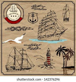 Nautical useful design elements. Vector set. Plus the old paper background