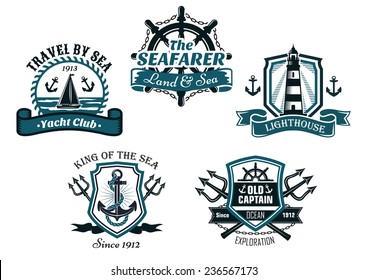 Nautical various heraldic emblem and symbols designs with travel by sea, yacht club, seafarer, lighthouse, king of the sea and old captain badge elements