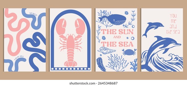 Nautical Vector Art Set, Abstract Marine Life Illustrations