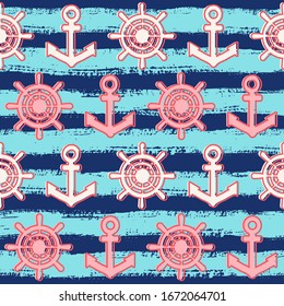 Nautical vector background. Seamless vector pattern with anchors, wheels and stripes.