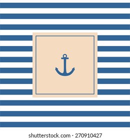 Nautical vector card or invitation with anchor, pastel background and blue white stripes