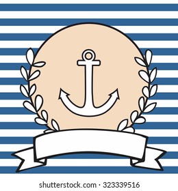 Nautical vector card or invitation with anchor, pastel background and blue white stripes