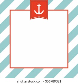 Nautical vector card or invitation with anchor, red background and blue white stripes