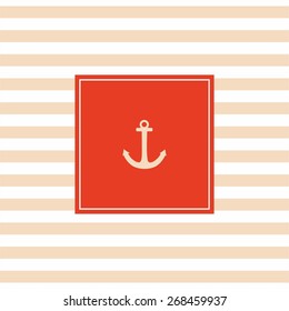 Nautical vector card or invitation with white anchor, red background and pastel stripes