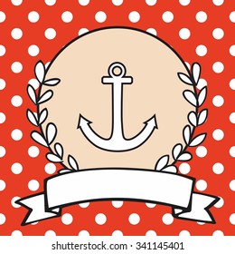 Nautical vector card or sailor invitation with anchor, polka dots and red background