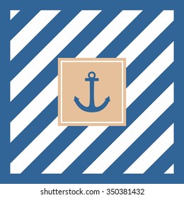 Nautical vector card or summer invitation with anchor and blue stripes background
